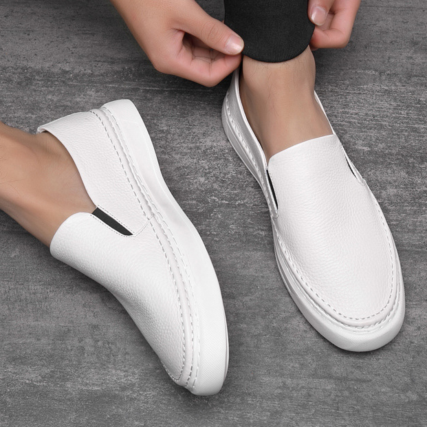 Men's Soft-Soled Top-Grain Cowhide Casual Shoes Slip-On White Sneakers